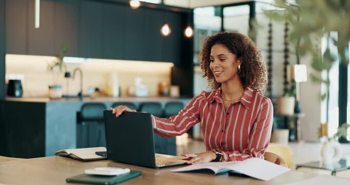 Remote work, laptop and done with woman in kitchen for tax, loan application and documents. Planning, relax and paperwork with person at home for savings budget, finance approval and credit score