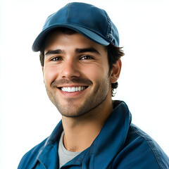 <Cheerful Male Worker in Clean Uniform: Happy and Confident Portrait for Manual Labor Industry>