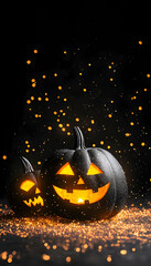 Two carved pumpkins with glowing faces and scattered sparks on a black background