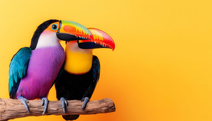 Two colorful toucans perch on a branch against bright yellow background, facing left