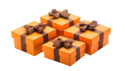 four orange gift boxes adorned with brown ribbons symbolizing celebration and gifting occasions they are neatly arranged suggesting a festive atmosphere
