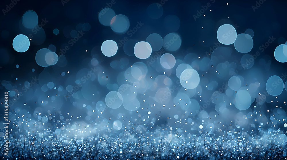 Poster deep blue glitter background with bokeh lights and soft smooth gradient illumination