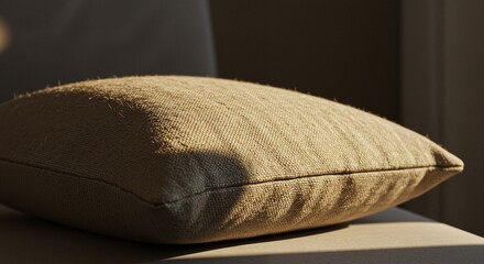 Soft beige cushion with textured fabric illuminated by warm sunlight conveying a cozy and inviting ambiance placed on a light-colored surface in a serene indoor setting
