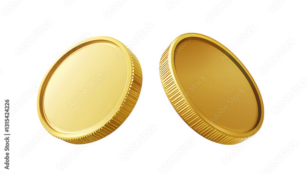 Poster two shiny gold coins positioned closely together showcasing their smooth surfaces and ridged edges s