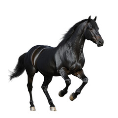 Obraz premium a majestic black horse is captured mid-gallop showcasing its powerful physique and sleek mane against a plain white background. beauty and grace of equine movement