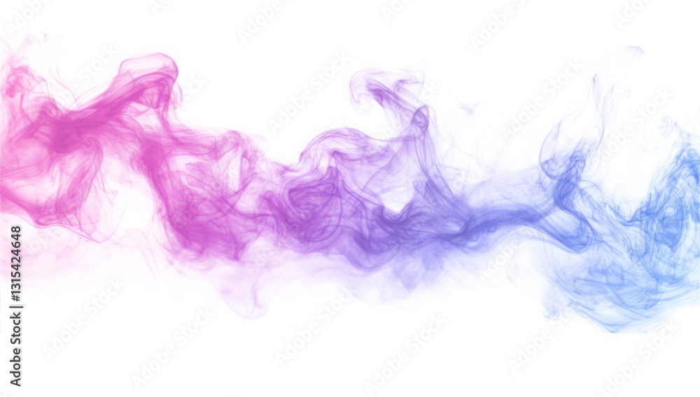 Poster flowing design of pink and blue smoke-like wisps on a white background creating an ethereal and abst