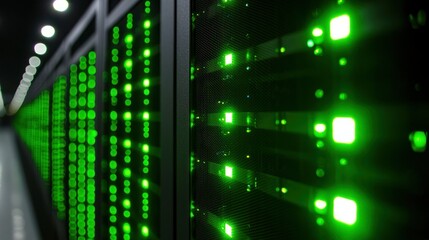 Server room rows glow with green lights, dark background. Modern technology