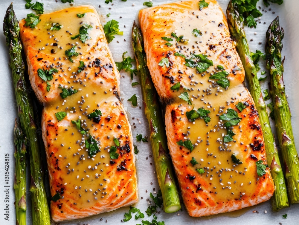 Poster grilled salmon and asparagus artfully placed on a sheet of parchment captured from a top view perspe