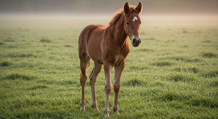 Fototapeta premium Young chestnut foal standing gracefully in a misty green pasture radiating serenity and calmness, representing the beauty of farm life with soft sunlight filtering through the fog