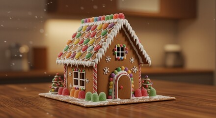 Gingerbread house adorned with colorful candies and icing, creating a whimsical and festive atmosphere, beautifully crafted on a wooden table with a cozy kitchen background