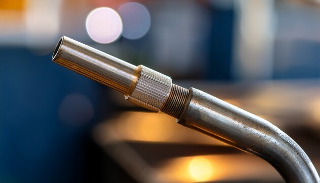 Close up view of the tip of a welding gun; up and close view  of the nozzle of a welding machine; blurred background; selective focus; heavy industrial welding equipment in focus; macro view