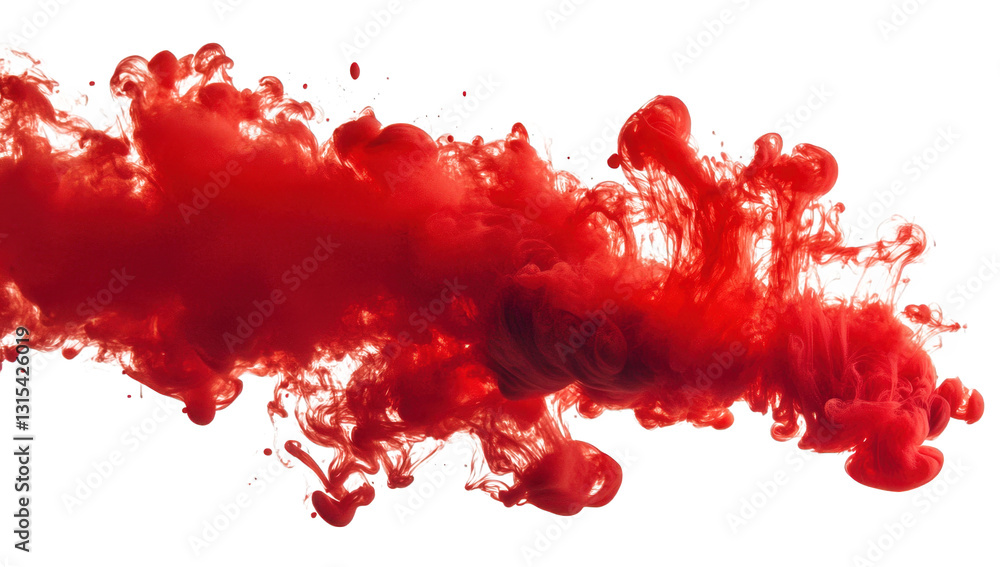 Poster a vibrant burst of red ink or paint swirling in water creating dynamic shapes and textures against a