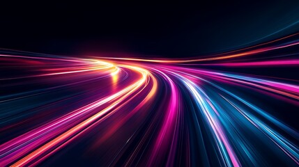 Abstract light trails on a dark road, depicting speed and motion.