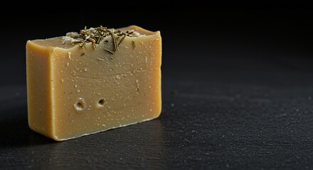 Handcrafted natural soap with herbs and a smooth texture, evoking calmness and relaxation, set against a dark stone background