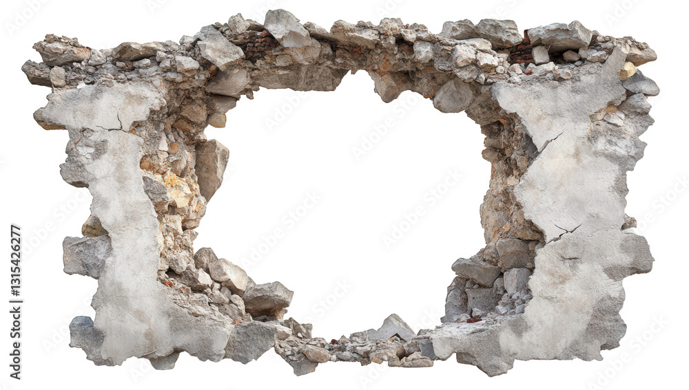 Poster weathered broken wall with exposed stones and debris creating a rectangular opening that suggests de