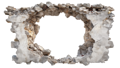 weathered broken wall with exposed stones and debris creating a rectangular opening that suggests decay and abandonment it serves as a backdrop for various creative projects