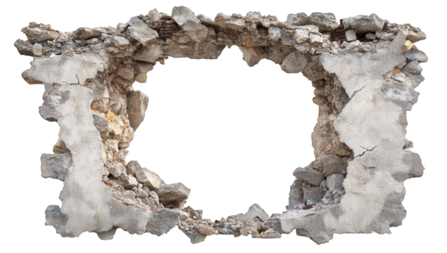 weathered broken wall with exposed stones and debris creating a rectangular opening that suggests decay and abandonment it serves as a backdrop for various creative projects