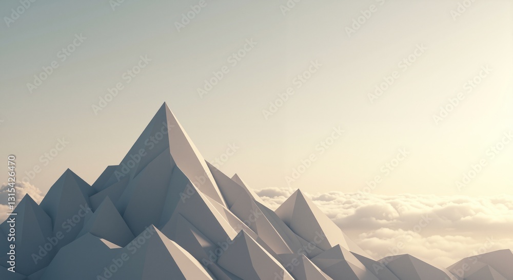 Wall mural geometric mountain peak design against a cloudy sky with soft sunlight creating a tranquil mood