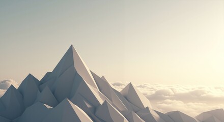 Geometric mountain peak design against a cloudy sky with soft sunlight creating a tranquil mood