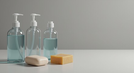 Bottles of hand sanitizer and soap on a clean surface conveying a sense of hygiene and cleanliness preparation for World Health Day