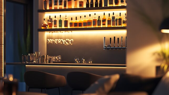 Modern home bar with liquor bottles, glassware, and beer taps illuminated by warm lighting.