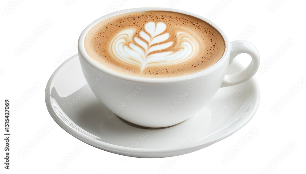 Poster a beautifully crafted latte in a white cup showcasing intricate foam art resembling a leaf pattern p
