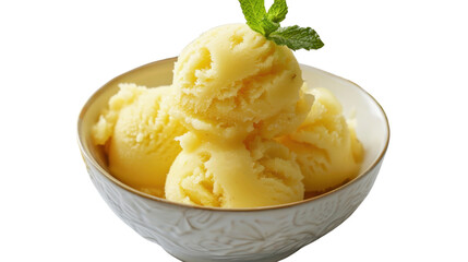 Delicious pineapple ice cream scoops garnished with mint on transparent background