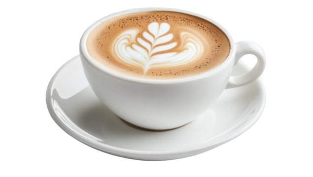 a beautifully crafted latte in a white cup showcasing intricate foam art resembling a leaf pattern placed on a matching saucer against a clean background - Powered by Adobe