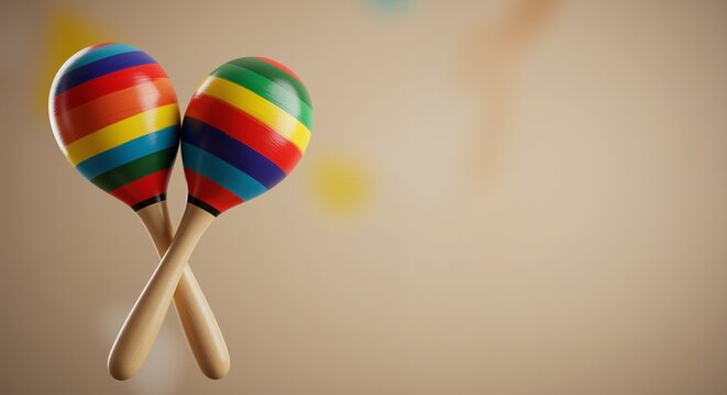 Colorful maracas with vibrant stripes creating a playful mood symbolizing celebration against a warm neutral background