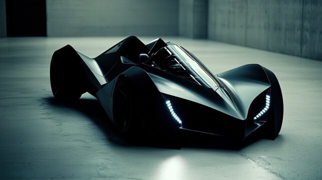 Sleek, dark sports car with an angular design in a concrete space