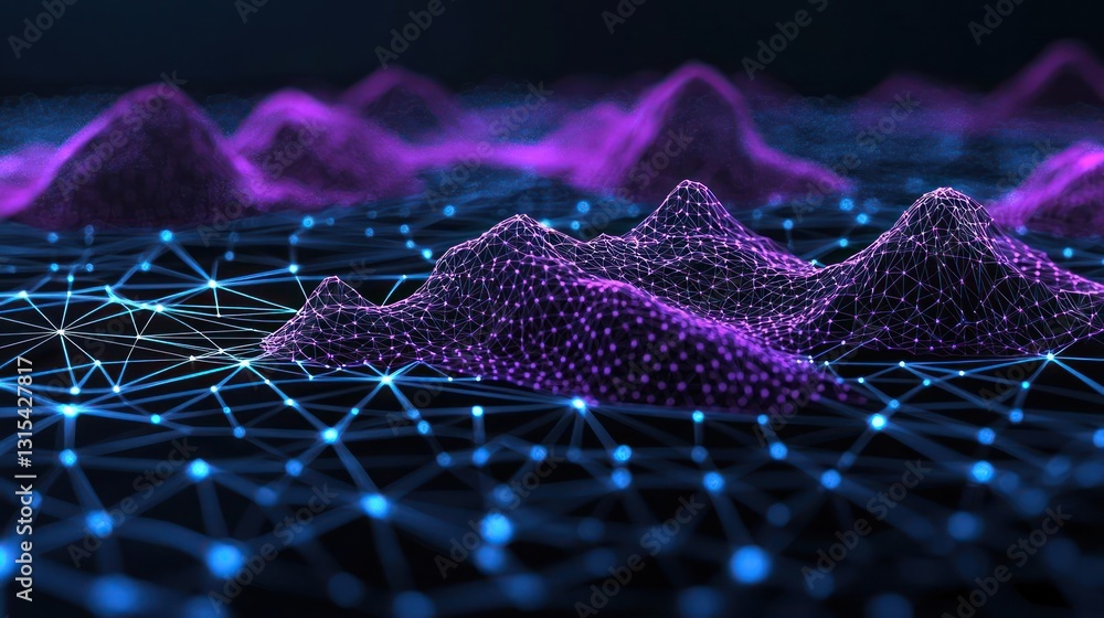 Poster abstract digital data visualization of connected networks with purple glowing mountains
