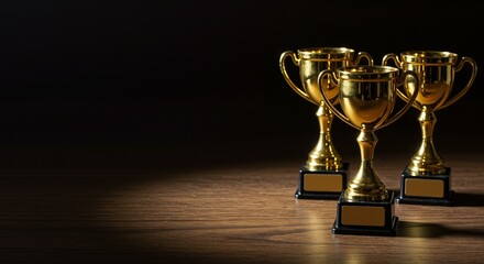 Golden trophies on a wooden table, exuding a sense of achievement and celebration, representing victory and recognition in a competitive setting against a dark background