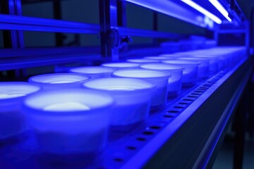 Blue Light Illuminates Row of Containers in Modern Lab Setting