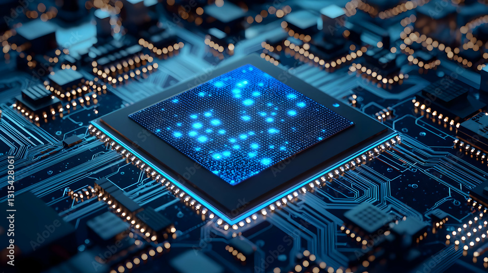 Poster blue illuminated microchip on dark circuit board with glowing details and futuristic technology desi