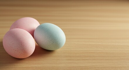 Colorful decorative eggs arranged on a wooden surface conveying a cheerful and fresh spring aesthetic representing a festive theme for home decor