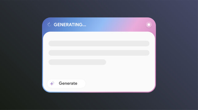 AI text placeholder design. LLM assistant chat interface. Input prompt box. Artificial intelligence Generate button. Text and image generator tool. Large language model. Vector illustration.