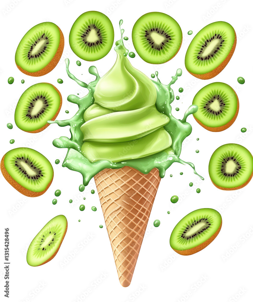 Poster a soft-serve ice cream cone topped with green kiwi-flavored swirl surrounded by splashes of green an