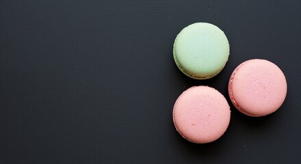 Fototapeta premium Colorful macarons on a dark textured surface creating a vibrant and inviting atmosphere representing indulgence and elegance