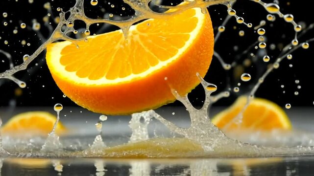 An orange slice drops into clear water, forming bubbles and a bright splash