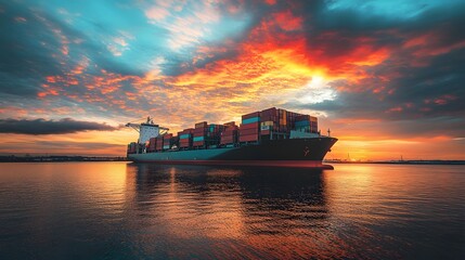 cargo ship on the sea at sunset. the sky is full of clouds and the sun is reflecting on the water.