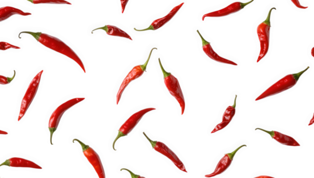 red chili peppers scattered on a white background showcasing their vivid color and shape often used in cooking for flavor and spice