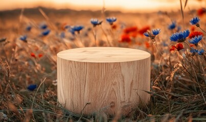 Wooden podium in wildflower field at sunset for product display
