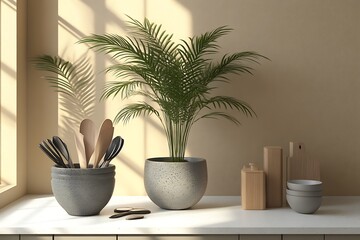 A modern kitchen counter with a vibrant potted houseplant