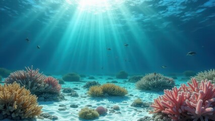 Obraz premium Underwater coral reef ecosystem with sunlight filtering through clear ocean water 