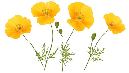 Obraz premium vibrant yellow poppy flowers with delicate petals and green foliage showcasing their natural beauty and botanical details ideal for nature-themed designs or floral illustrations