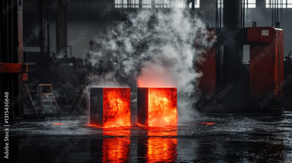 Poster Energizing display of metal tempering process in workshop with steaming billets and tools scattered around