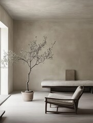 A minimal interior space featuring a small tree and chair