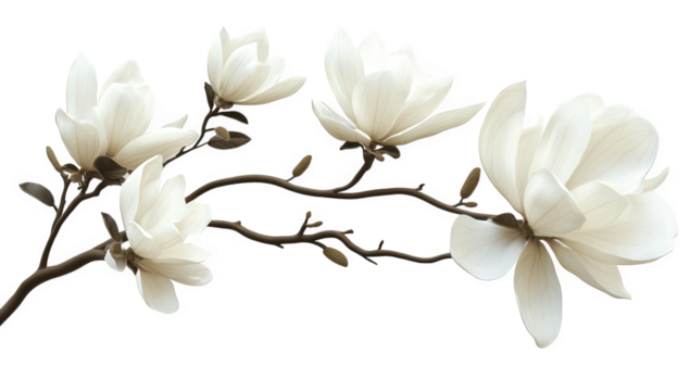 arrangement of white magnolia flowers on a slender branch showcasing their elegant petals and natural beauty against a light background. sense of tranquility and appreciation for nature - Powered by Adobe