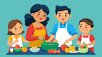 An aunt and her nieces and nephews eagerly help their uncle prepare a mouthwatering Mexican meal learning the importance of fresh bold flavors in their cuisine.. Vector illustration