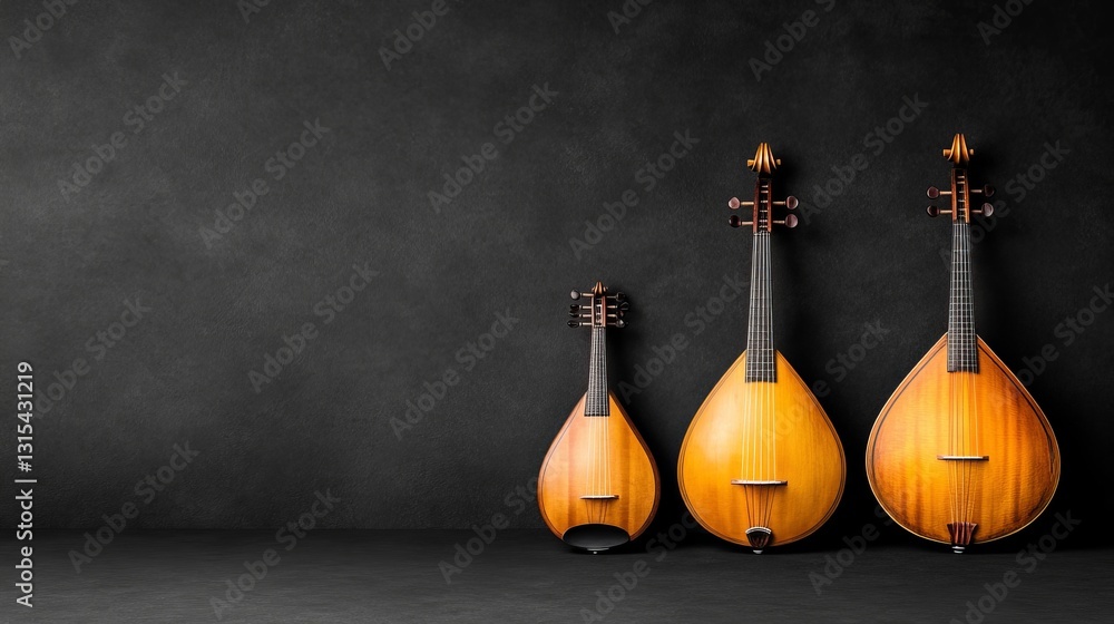 Poster three beautifully crafted string instruments displayed against a textured dark background